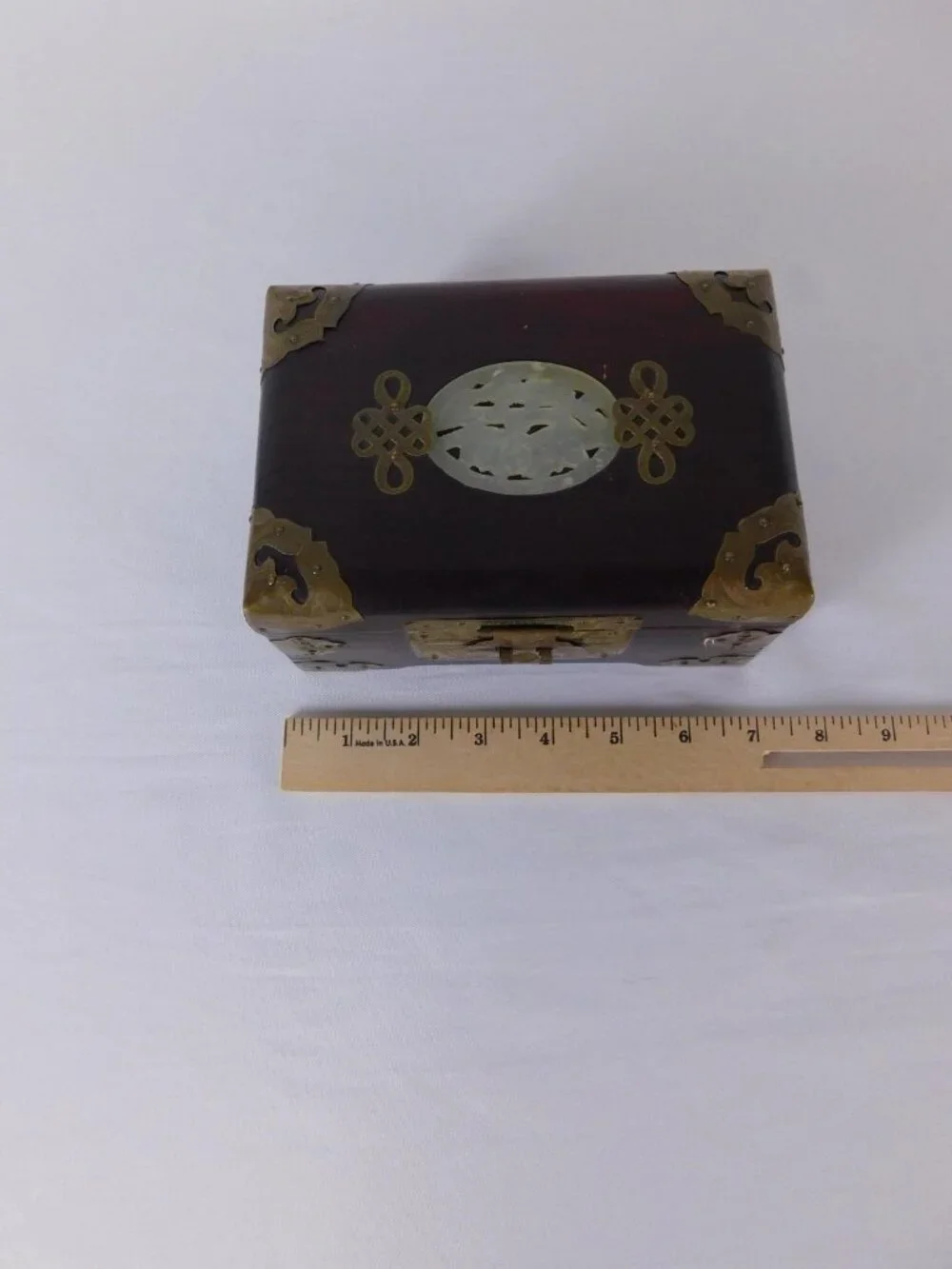 Vintage Chinese Wood Jewelry Box Brass Hardware Jade Inlay Style Lined Trinket
